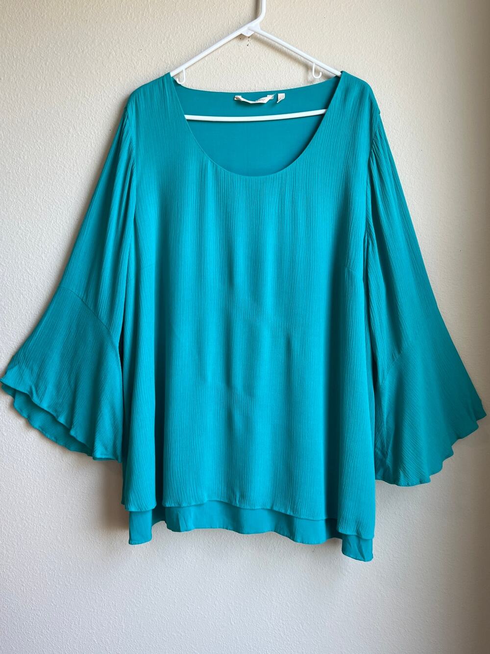 Soft Surroundings 1X Rayon Bell Sleeve Blouse Teal Turquoise Top Layered Hem